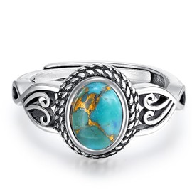 AVECON Teal Turquoise Rings for Women Adjustable 925 Sterling Silver Statement Rings Womens Vintage Rings with 6 * 8mm Gemstone Statement Rings Birthday Gifts for Her Size 6-9
