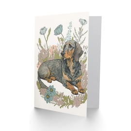 Artery8 Dachshund Dog Lying in Flower Field Pastel Watercolour Illustration Art Birthday Sealed Greeting Card Plus Envelope Blank inside