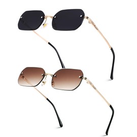 Pro Acme Rimless Rectangle Sunglasses Small Frameless Green Tinted Shades Glasses Men Women Retro Fashion(Gradient brown+Black)