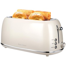 Roter Mond 4 Slice Toaster Retro Stainless Steel Toaster with Bagel, Cancel, Defrost Function and 6 Bread Shade Settings Bread Machine, Long Extra Wide Slots and Removable Crumb Tray, Cream