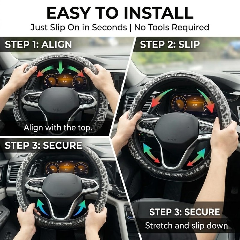 JDDRY PVC Leather Steering Wheel Cover, Leopard Steering Wheel Protector,