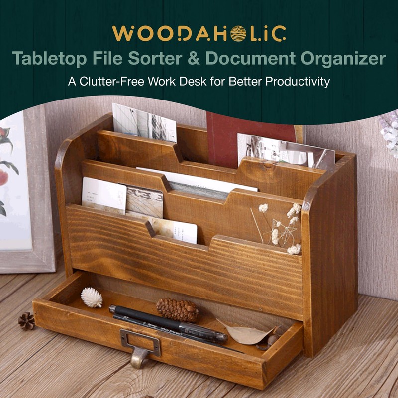 Rustic Wooden Desk Organizer - Vertical File Sorter with 3