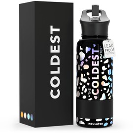 COLDEST Sports Water Bottle -32 oz (Straw Lid), Leak Proof, Vacuum Insulated Stainless Steel, Hot Cold, Double Walled, Thermo Mug, Metal Canteen (32 oz, Moonlight Leopard)