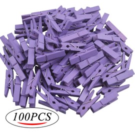 BronaGrand 100pcs Mini Purple Wooden Utility Paper Clips and Clothespins