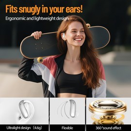 CATGIFF Open Ear Headphones Bluetooth 6.0 with 4.6 g Lightweight, 45 Hours Ear Hooks Sports Earphones, Ultra Comfort Wireless Earbuds, Clear Calls, Powerful Sound, Commuter / Sport, Silver
