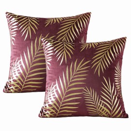 TAOSON Pack of 2,Gold Pillow Covers Velvet Cozy Soft Gold Stamping Leaves Decorative Cozy Soft Throw Pillow Cases Cushion Covers Shells for Sofa Couch Bed Home Decoration 18 x 18 Inches Wine Red