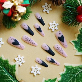 Long Press on Nails Coffin Fake Nails Christmas False Nails Black French Tip Heart Snowflake Stick on Nails Silver Glitter Glue on Nails Matte Acrylic Artificial Nails Winter Xmas Nails for Women
