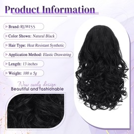 RUWISS 13 Inch Drawstring Wavy Curly Ponytail Extension - Short Ponytail Hair Extension for Women, Synthetic Natural Look Hairpiece for Daily Use (Natural Black)