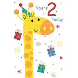 Age 2 Birthday Card - Giraffe in Party Hat Stars Swirls Glitter 7.75x5.25"