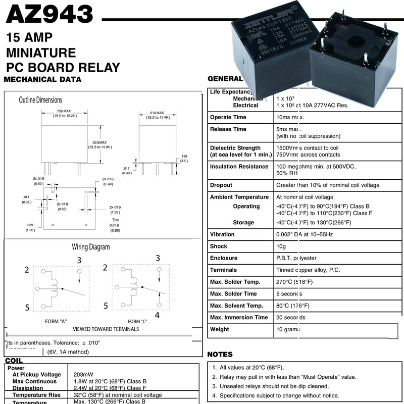 American Zettler AZ943-1CH-12DE Relay - 15 A SPDT 12 VDC