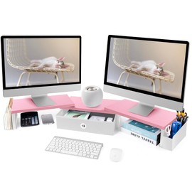 Dual Monitor Stand Riser With Drawer & Metal Leg, Large Desk Shelf For 2 Monitors w/ Adjustable Length & Angle, Desktop Organizer For Laptop/TV/Printer