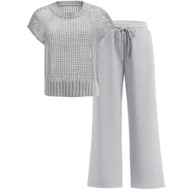 ANRABESS Women Two Piece Outfits Crochet Sheer Knit Sweater Top Wide Leg Pants Lounge Matching Sets Sweatsuit Travel Clothes Light Grey Medium