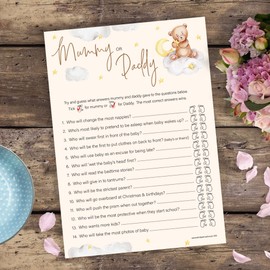 20 x Mummy or Daddy Baby Shower Game – Unisex Neutral Teddy Bear Design (20 Guest Cards + 1 Card of Answers for The Host) - Made in the UK + Winner's Certificate
