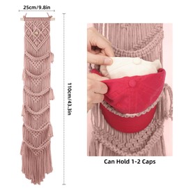 KaloKalo Macrame Cap Holder Boho Hat Hangers Over Door Decorative Bohemian Handmade Ball Cap Rack Organizer Woven Wall Hanging for Baseball Cap Display Decorations (Rose Pink, Up to 12 Caps)