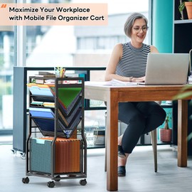 8 Tier Rolling File Cart with Hanging File Folder Organizer, Mobile File Organizer with 2 Sides Access Bookcase, Beside/Under Desk File Organizer Cart with Wheels for Office Home School Organization