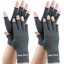 Tiny Chou 2 Pairs Arthritis Gloves, Compression Gloves for Women Men, Relieve Arthritis, Rheumatoid, Osteoarthritis, Carpal Tunnel Pain, Anti-Slip Fingerless Gloves for Hand Support (Grey+Grey,L)