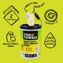 Tub O’ Towels TW75 Heavy-Duty 10" x 12" Size Multi-Surface Cleaning Wipes, Dual Texture, 75 Count Per Canister