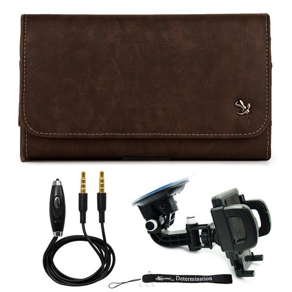 Windshield Car Mount and AUX Cable and Leatherette Brown Leather