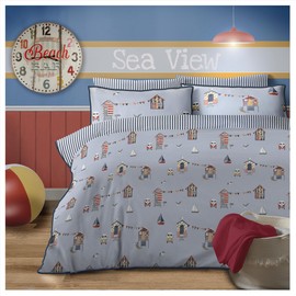 Duvet Cover Set, Seaside Beach Hut Campervan Design, Reversible Quilt Cover, Easy Care Bed Linen, Soft Cosy Bedding with Pillowcases Cotton Rich (King (U.K. Standard))
