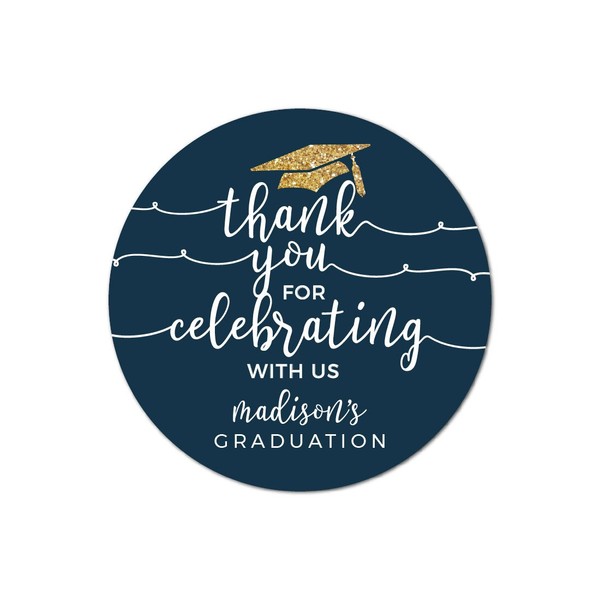 Andaz Press Navy Blue and Gold Glittering Graduation Party Collection, Personalized Round Circle Label Stickers, Thank You for Celebrating with US, 40-Pack, Madison's Graduation Custom Name