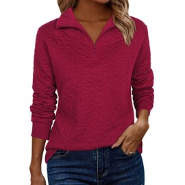 ECOWISH Women Tops Quarter Zip Fall Winter Tunics Casual Oversized Pullover Ribbed Quilted V Neck Collared Outfits Loose 2025 67Wine Red Large