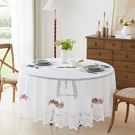 LinenZone Lace Country Tablecloth - White Round 70 Inches - Farmhouse Perfect for Fall, Harvest or Fruit (Nora Round 70, White)