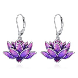 VIJASHOP Lotus Flower Earrings 925 Sterling Sliver Purple Lotus Dangle Leverback Earrings Flower Jewelry Gift for Women