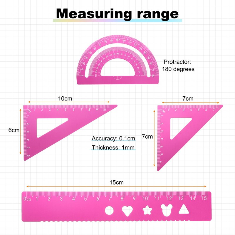 HARFINGTON 4pcs Triangular Ruler Set 15mm Aluminum Ruler Geometric Protractor