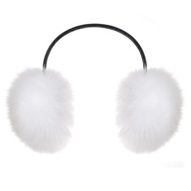 Harssidanzar Real Fox Fur Earmuffs With Adjustable Band,Furry Fluffy Ear Warmer Outdoor Ear Covers for Cold Weather HL307CA, White