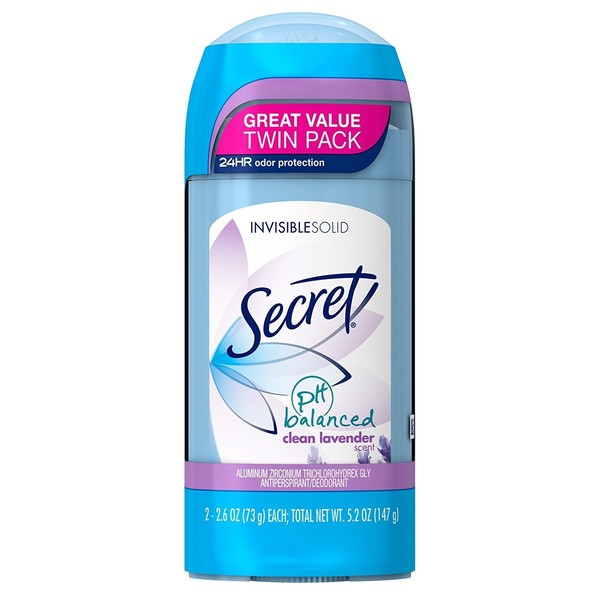Secret Antiperspirant and Deodorant for Women, pH Balanced Invisible Solid, Clean Lavender Scent, 2.6 Oz Pack of 2