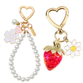 SunixSonie 2Pcs Strawberry Keychain Charm Flower Cherry Blossom Keychain Strawberry Cute Bag Purse Charms Aesthetics Strawberry Accessories for Women Girls Gift (Red)