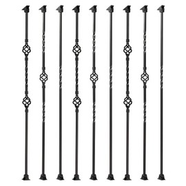 Gleefurny Balusters for Staircase Interior - Stair Spindles, Banister, Hollow, 1/2inch x 44inch, Single Basket, Double Basket, Double Twist Iron Balusters and Swivel Shoes (Pack of 9), Satin Black