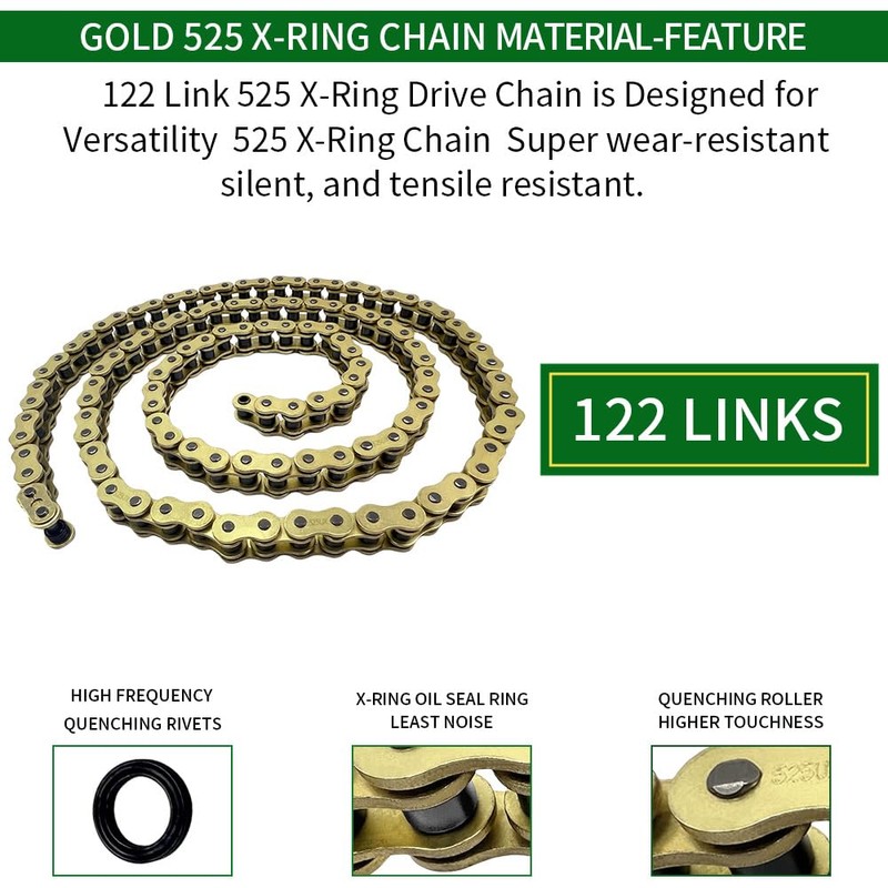 WEICHENGXIN Gold 525 X-Ring Chain 122 Links Motorcycle Chain with