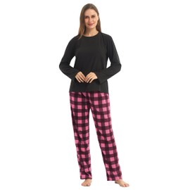 Winter Pyjamas Womens Pyjamas Set Ultra Soft Microfleece Long Sleeve Top & Fleece Checked PJs Bottoms Pyjamas for Women Lounge Wear Sets 2 Pieces