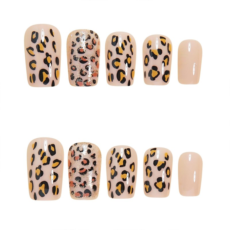 Short Press on Nails Cute Leopard Print Fake Nails Nude