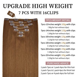 14 Inch Clip-in Hair Extensions Remy Human Hair for Women - Soft Handmade Real Human Hair Clip in Extensions, Straight, Thick, 115g 7pcs Chestnut Brown #8 Color