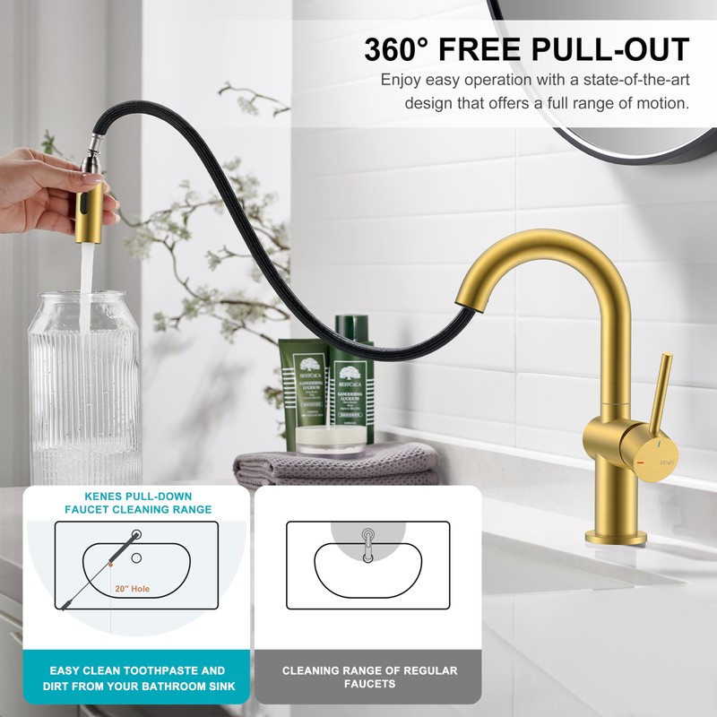 KENES Brushed Gold Single Handle Bathroom Faucet with Pull Out