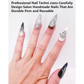 CAMILCY Press on Nails Handmade Nails Luxury Reusable Fake Nails For Girls long Almond Armor Tip Black Silver Diamonds HandPainted Salon Loveful Design Acrylic GelUV Finished For Women 3DNails 10PCS M