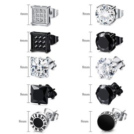 Uwiyo 10 Pairs Men's Earrings, 8mm Stainless Steel Earrings Studs Silver Black Cubic Zirconia Studs Earrings Hypoallergenic Rund Square Earrings for Men Women (Set 1)