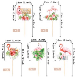 30 piezas de decoración de cupcakes de flamenco de doble cara con flores tropicales Aloha Luau para cupcake de flamenco, decoración de pastel de hola de verano para flamenco, Hawaii, baby shower,