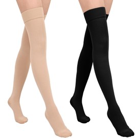Wegitcs 20-30mmHg Compression Stockings for Women & Men, Closed Toe Thigh High Compression Socks Women, Graduated Compression for Varicose Veins,Teacher, Doctor (2 Pair,Black*Beige,Large)