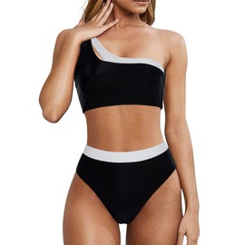 MOOSLOVER Women Cutout One Shoulder High Waisted Bikini High Cut Two Piece Swimsuits(L,Black White)