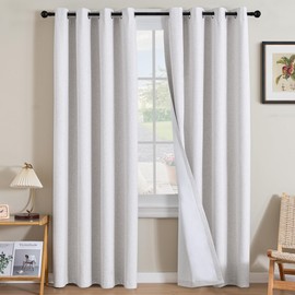 H.VERSAILTEX Linen Curtains 100% Blackout Curtains for Bedroom 108 inch Long Full Light Blocking Nature Linen Blended Window Curtains for Living Room Nickel Grommet (2 Panels, Heathered White)