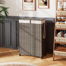 Rolling Laundry Hamper with Wheels and Lid, 90L Slim Laundry Basket with Removable Bag, Foldable Handwoven Rattan Laundry Sorter, Narrow Dirty Clothes Basket Organizer, No Assembly, Grey
