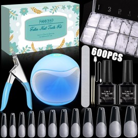 FAMKEEP 600 Pieces 10 Different Sizes Clear False Nails with LED Nail Lamp Nail Scissors and Nail Glue Manicure DIY Full Set Gel Tips