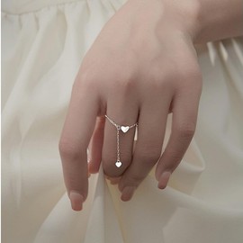 Heart Chain Promise Engagement Ring for Women 925 Silver Plated Adjustable Cute Love Charms Drop Statement Expandable Finger Rings Comfort Fit Fashion Chic Jewelry Gift