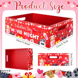 Valentines Movie Night Tray Wooden Movie Night Snack Supplies Trays Snack Organizer with Handles Reusable Popcorn Snack Holder Movie Theater Basket Tray for Valentine's Day, Date Night