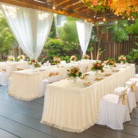 Champagne Tablecloth for 6 Foot Rectangle Tables, Tulle Table Skirt for Rectangle Table 6ft Table Cover Fitted Desk Skirt Banquet Birthday Party Wedding Tablecloth Elastic Stretch Ruffle Tablecloth