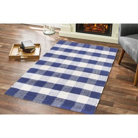 GLAMBURG Alfombra de algodón a cuadros lavable, tejida a mano, alfombra de bienvenida de 18 x 30 pulgadas, para cocina, baño, porche, lavandería, sala de estar, alfombra reversible de trapo azul y blanco