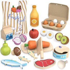 Wooden Play Food Toys for Kids - Pretend Play Kitchen Accessories for Toddlers, Cutting Food Toys with Storage Bag for 3+ Year Old, Wooden Fruits and Vegetable Gifts for Boys Girls 3 4 5